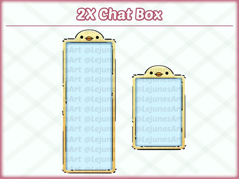 May include: Two chat boxes with a yellow chick design. The chat boxes are rectangular and have a light blue background. The text "sArt @Lejun" and "@LejunesAr" is repeated in each chat box.