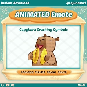 Może przedstawiać: Animowana emotka przedstawiająca kapibarę grającą na talerzach. Obraz zawiera tekst "ANIMATED Emote" i "Capybara Crashing Cymbals". Obraz zawiera również tekst "Instant download" i nazwę sprzedawcy.