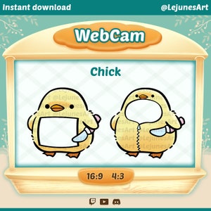 May include: A digital illustration of a yellow chick with a knife in its hand. The chick is wearing a yellow and white costume with a zipper down the front. The image is labeled "WebCam Chick" and has two aspect ratios: 16:9 and 4:3.