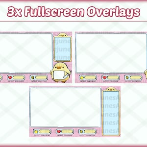May include: Three pink and white overlay templates for streaming with a cartoon yellow penguin holding a knife. Each template has a space for a video feed, a section for latest subscriber, follower, and donation, and a small section with text.