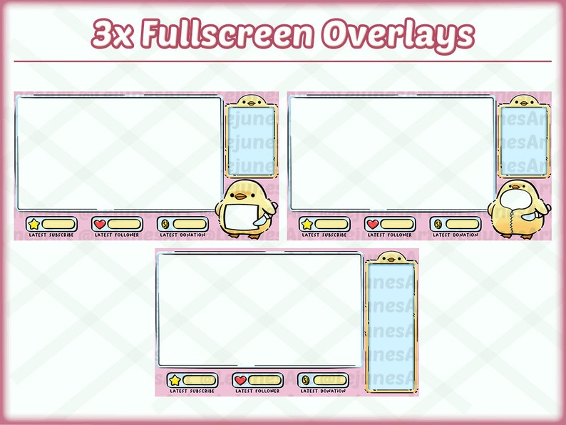 May include: Three pink and white overlay templates for streaming with a cartoon yellow penguin holding a knife. Each template has a space for a video feed, a section for latest subscriber, follower, and donation, and a small section with text.