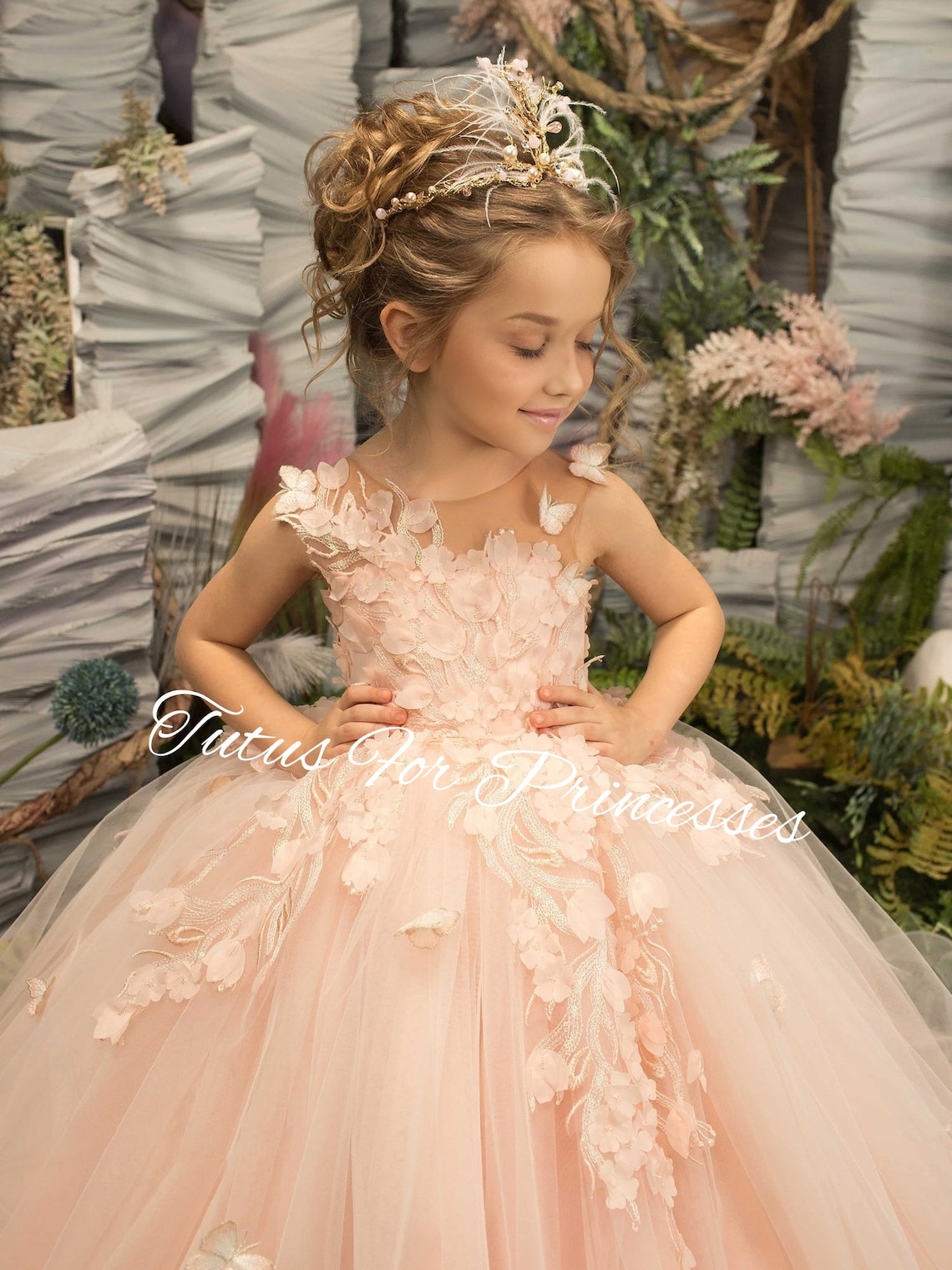 Peach Puffy Butterfly Flower Girl Dress Tulle Princess Gown Etsy UK