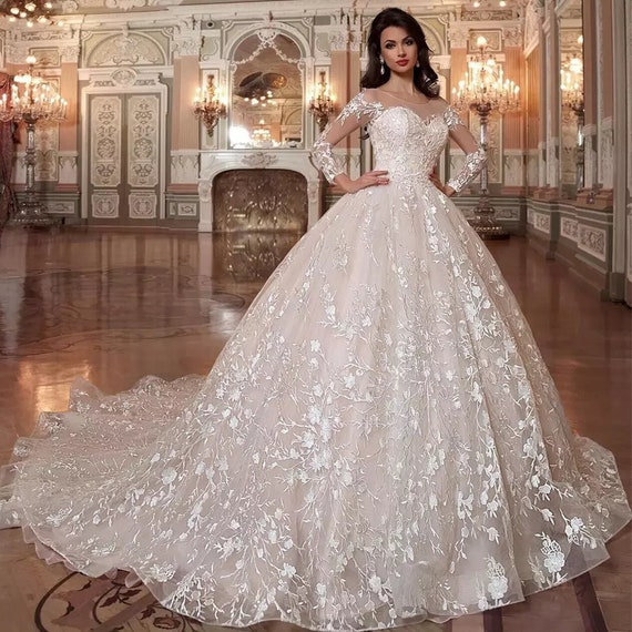 Floral Lace Appliques Princess Bridal Dress Wedding Dress