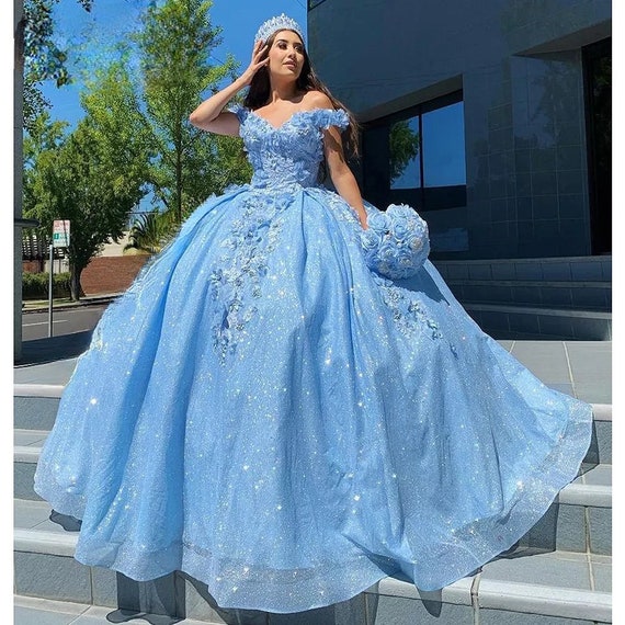 Cute Light Blue Long Sleeves Elegant Princess Dresses Prom Dresses Y04 –  Simibridaldresses