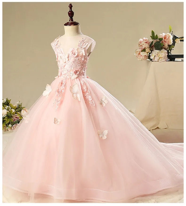 Pink Butterfly Flower Girl Dress Tulle Princess Gown Dress - Etsy