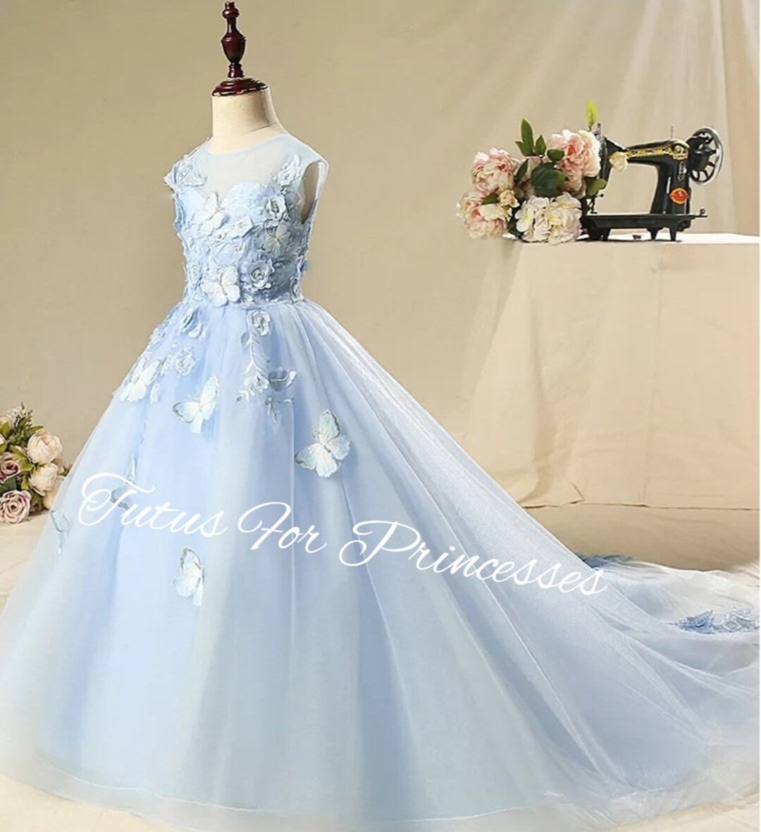 Blue Butterfly Flower Girl Dress Tulle Princess Gown Dress Etsy