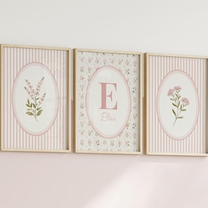 Digital Download | Set of 3 Pink Flower Prints | Custom Name Art | Floral Stripes | Girls Baby Room Nursery | Cottagecore Decor