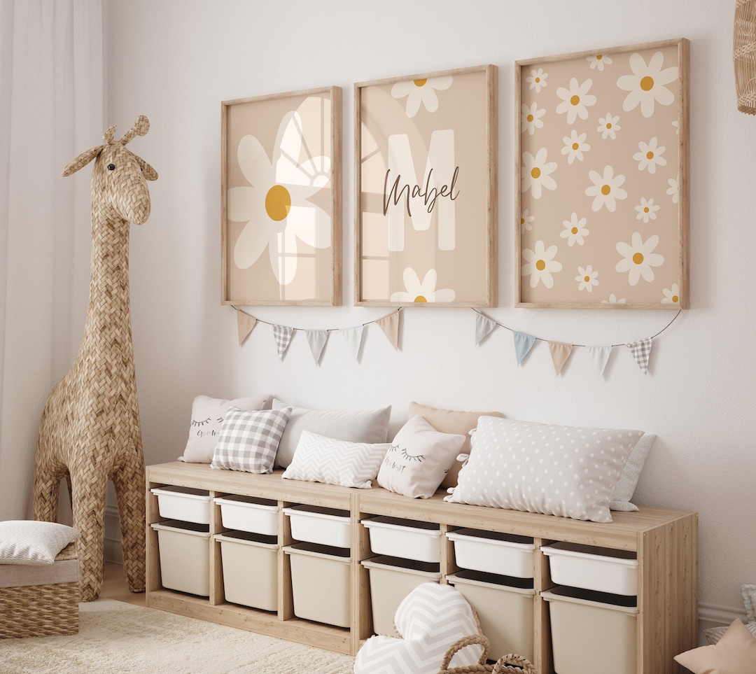 Digital Download Set of 3 Daisy Nursery Prints | Custom Name Initial ...