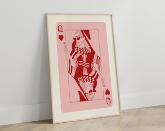 Queen of Hearts Pink and Red Print | Pink Home Decor | Lucky Playing Card Bedroom Wall Art | Pink Retro Queen Poster Friend Gift | Unframed