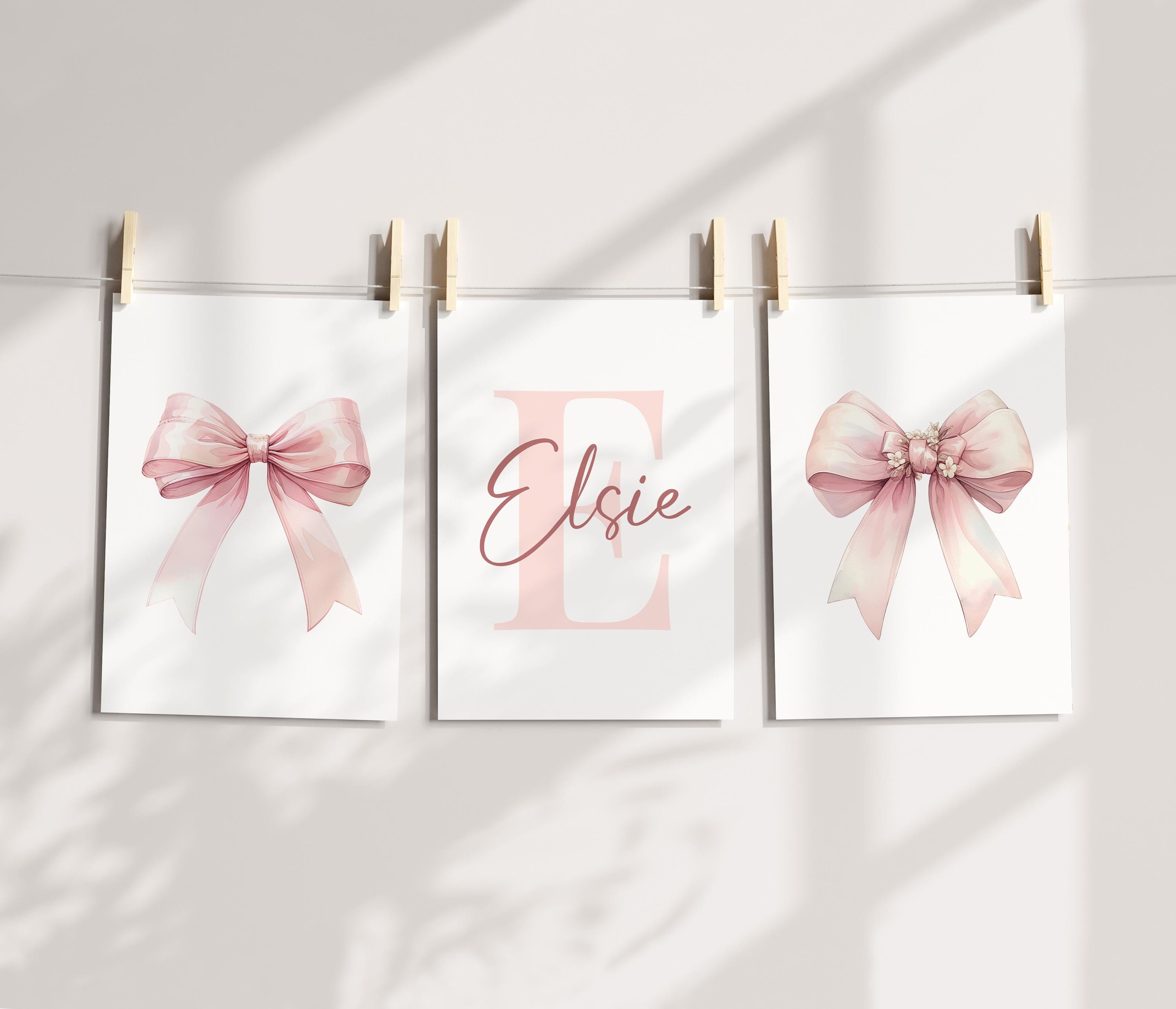 Set of 3 Pink Bow Nursery Prints | Custom Name Personalised Ribbon Art ...