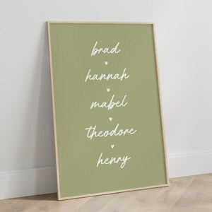 Custom Family Names Print | Personalised Family Poster | Cute Home Decor Wall Art | New Home Gift | Family Present | Simple Print | Unframed Green