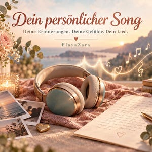 May include: Light blue and gold headphones resting on a pink fabric with photographs, a pen, and paper. The text reads: Dein persönlicher Song, Deine Erinnerungen. Deine Gefühle. Dein Lied. Elaya Zara. A glowing sound wave and musical notes are visible.