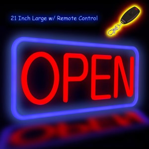 May include: A 21 inch red neon sign with a blue border that says "OPEN" with a remote control.