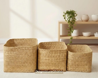 Handwoven Bolga Storage Basket: Natural Woven Grass, Boho Home Decor, Nursery Hamper