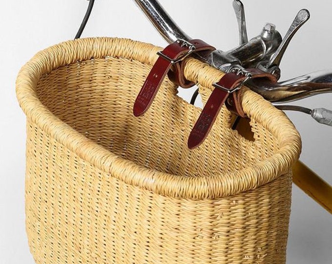 Handmade Bolga Bike Basket: Natural Woven Bicycle Basket with Leather Straps