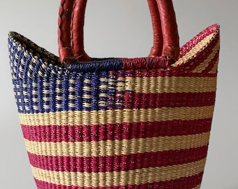 Large Handwoven Bolga Basket – African Market Bag with Leather Straps