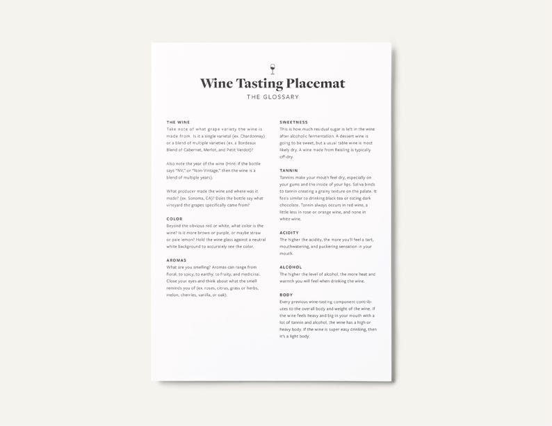 Wine Tasting Placemat, Interactive Wine Education Guide (digital ...
