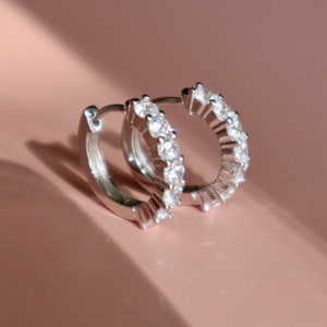 Sterling Silver Hoop Earrings with Sparkly Clear Cubic Zirconia Crystal Inserts, Wedding Jewellery, Gemstone Earrings, Crystal Huggies