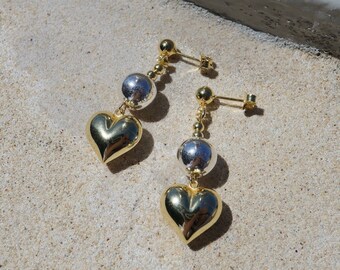 Handmade Sterling Silver Gold Heart Drop Earrings, Chubby Heart Earrings, Statement Earrings, Long Earrings, Multi Ball Earrings