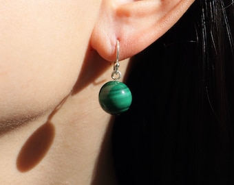 Handmade Sterling Silver Green Malachite Stone Drop Earrings, Gemstone Earrings, Ball Drop Earrings, Colourful Earrings, Beads Earrings