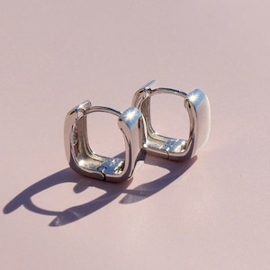 Sterling Silver Chunky Square Huggie Earrings: Unisex Minimalist Hoops