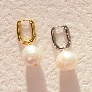 Handmade Sterling Silver Ovate Hoop Earrings with Natural Baroque Pearl Drop, Wedding Jewellery, Elegant Earrings, Gemstone Earrings