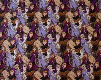 May include: A purple and brown fabric with a repeating pattern of cartoon characters from the movie Frozen. The characters include Elsa, Anna, Olaf, Kristoff, and Sven the reindeer.