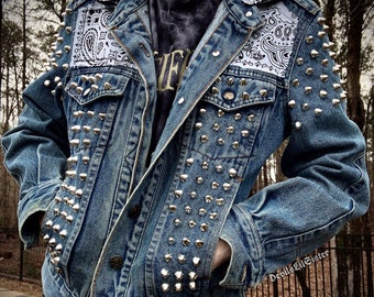 Custom punk studded spiked painted jacket Leather denim official website in description