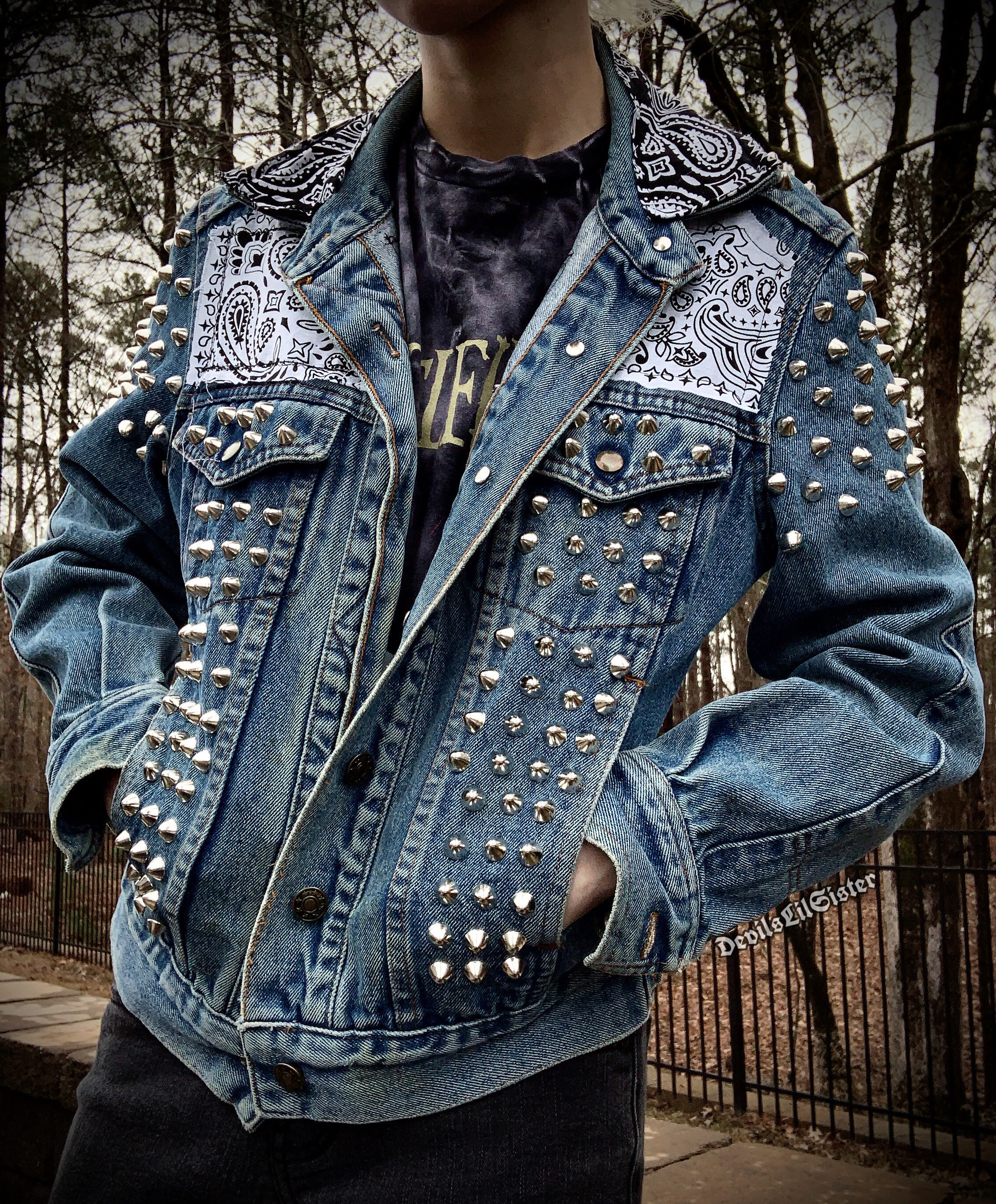MandiMacabre Custom Punk Studded Spiked Painted Jacket | Leather/Denim | Official Website in Description
