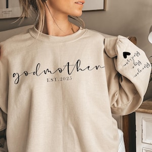 Custom Godmother With Kid Names Sweatshirt, Gift for Godmother, Personalized Godmother Sweat, Godmother Proposal Crewneck Sweater, est 2025