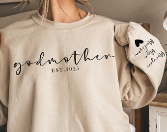 Custom Godmother With Kid Names Sweatshirt, Gift for Godmother, Personalized Godmother Sweat, Godmother Proposal Crewneck Sweater, est 2025