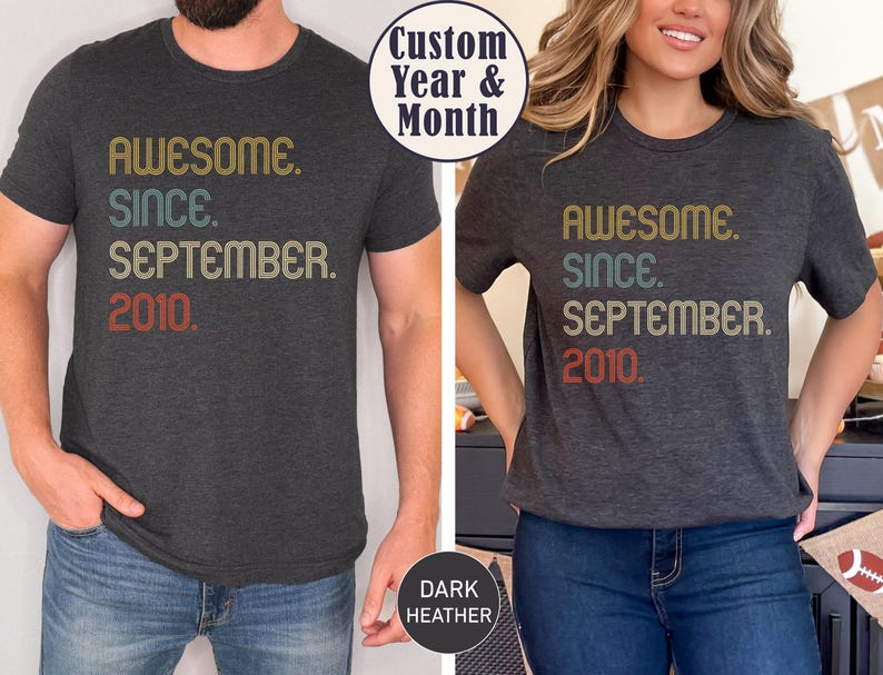 May include: A dark heather gray short-sleeve t-shirt featuring the text "AWESOME. SINCE. SEPTEMBER. 2010." printed in stacked lines with a retro color palette of gold, muted teal, and red. The shirt has a crew neckline and a standard fit.