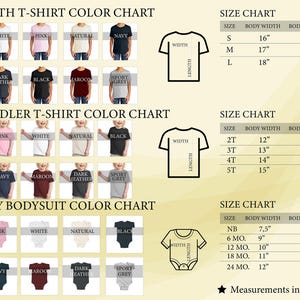 May include: A comprehensive colour and size chart for youth t-shirts, toddler t-shirts, and baby bodysuits. It displays various colour options including white, pink, natural, navy, dark heather, black, maroon, and sport grey with corresponding measurements in inches.