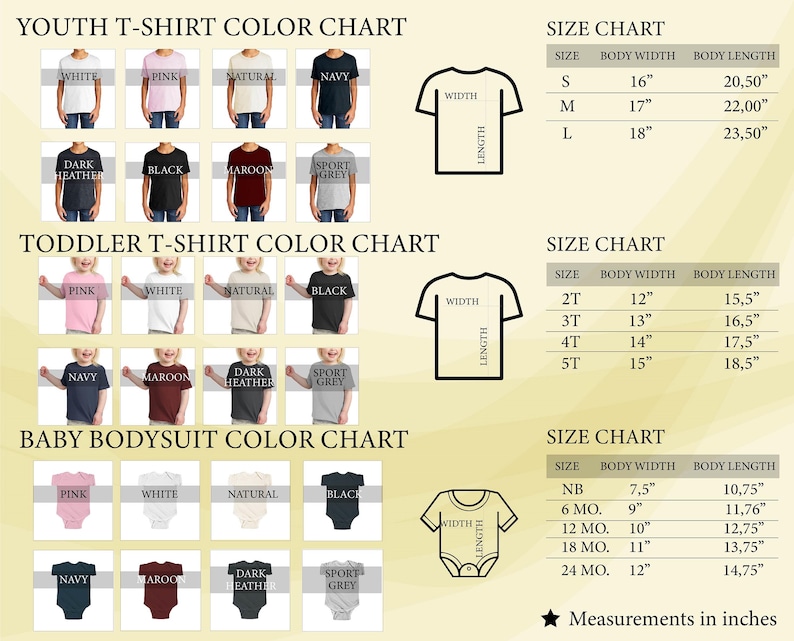 May include: A comprehensive colour and size chart for youth t-shirts, toddler t-shirts, and baby bodysuits. It displays various colour options including white, pink, natural, navy, dark heather, black, maroon, and sport grey with corresponding measurements in inches.