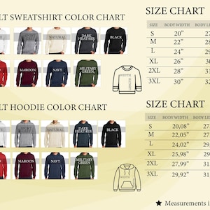 May include: An adult sweatshirt and hoodie color chart displaying various options including white, sport grey, natural, dark heather, black, red, maroon, navy, and military green. Two size charts provide body width and length in inches for sizes S to 3XL.