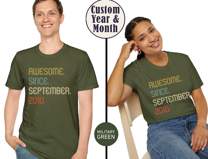 May include: A military green short-sleeve t-shirt featuring the text "AWESOME. SINCE. SEPTEMBER. 2010." printed in a stacked, multi-colored retro font. The shirt has a crew neckline and a standard fit, showcasing a customizable year and month design.