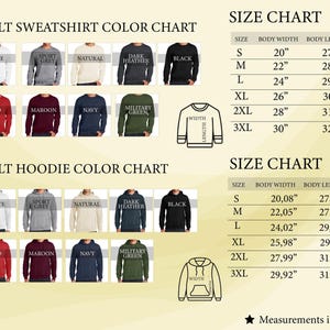 May include: An adult sweatshirt and hoodie colour chart displaying various options including white, sport grey, natural, dark heather, black, red, maroon, navy, and military green. Two size charts provide body width and length in inches for sizes S to 3XL.