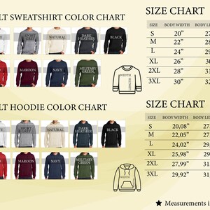 Op de afbeelding: Een kleurenkaart voor sweatshirts en hoodies voor volwassenen in wit, sportgrijs, naturel, donkergrijs, zwart, rood, bordeaux, marineblauw en militair groen. Bevat twee maattabellen met lichaamsbreedte en -lengte in inches.