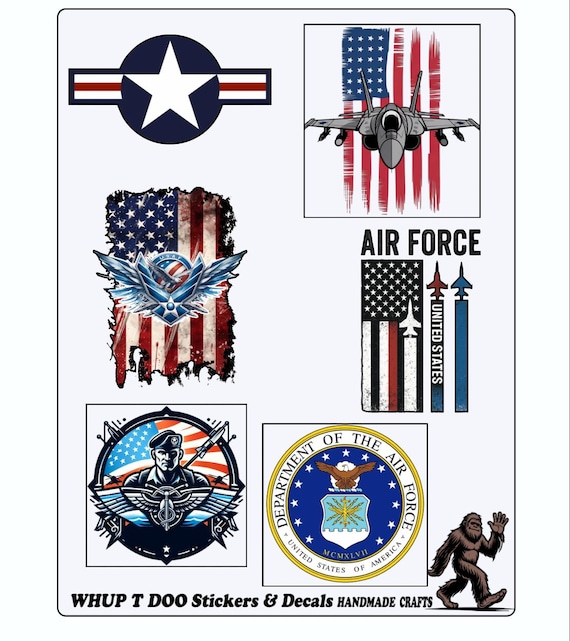 US Air Force Jet and Emblem Stickers, Waterproof Vinyl Decals sheet
