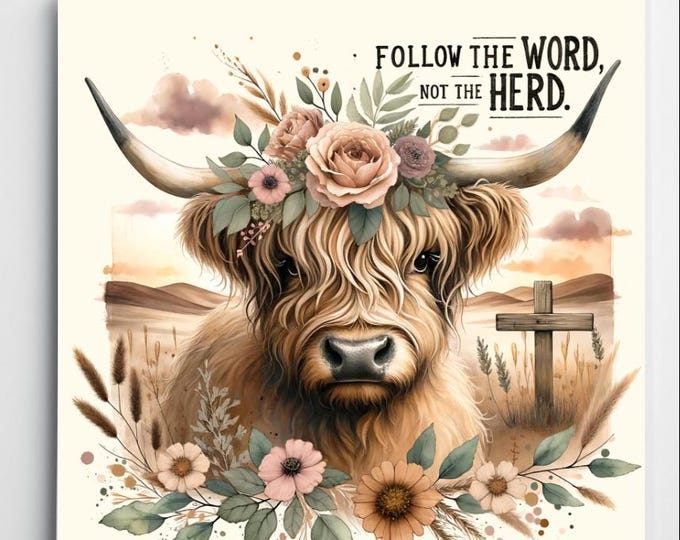 Highland cow print on pink /yellow canvas, Floral decor farm animal on canvas wrapped wood frame with saying “follow the word not the herd”