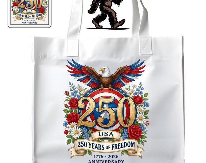 250th decorative tote, celebrate USA freedom 15x16in cotton bag 3 designs ,color is natural with handles. Add design on back or personalize