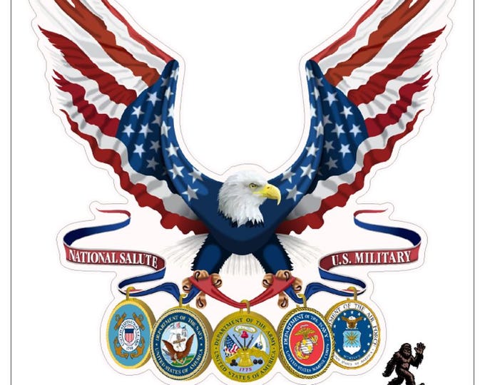 National Salute US Military Eagle Sticker -All Branches Armed Forces, Patriotic Bald Eagle Vinyl Window Sticker, Veteran Appreciation Gift
