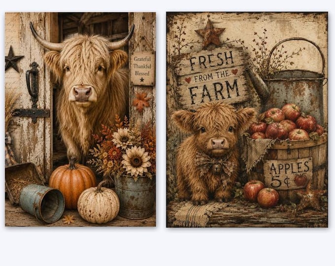 Highland cows prints on Canvas either wrapped around a wood frame or on a magnet frame , Farm fresh barn decor, 2 antique designs .