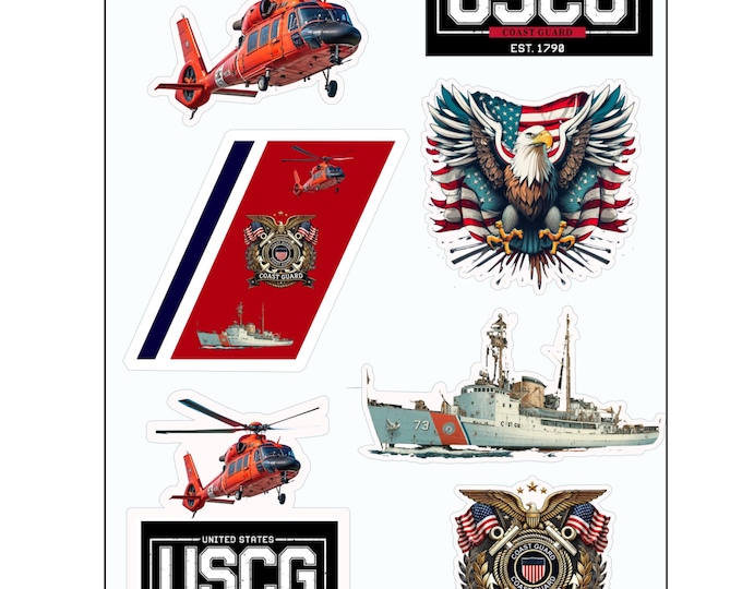 US Coast Guard Sticker Sheet, Semper Paratus Eagle Decals, USCG Military Veteran gift, Laptop Water Bottle Vinyl Stickers, Coast Guard Pack
