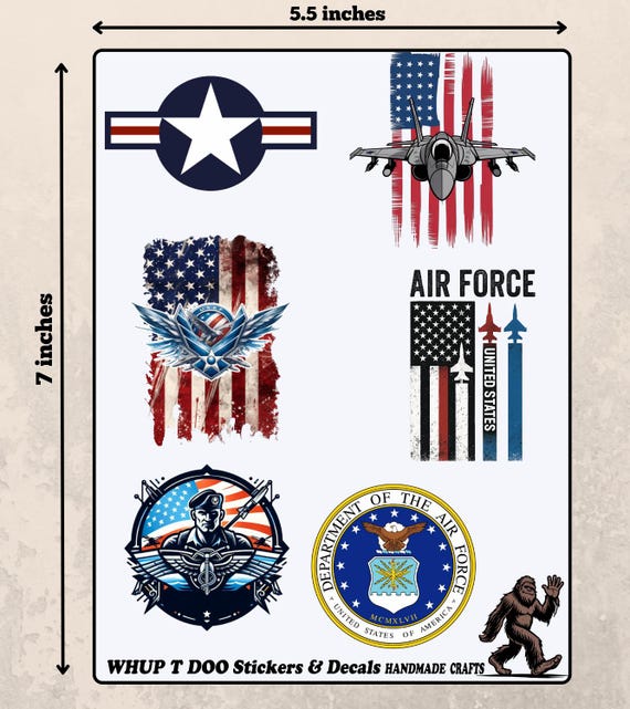 US Air Force Jet and Emblem Stickers, Waterproof Vinyl Decals sheet