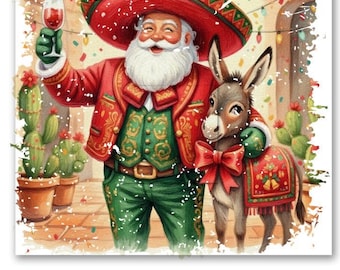 Southwestern Christmas Decor, Sombrero Santa Art Print, Mexican Holiday Wall Canvas, Cute Donkey Festive Painting, Unique Xmas Gift Under 50