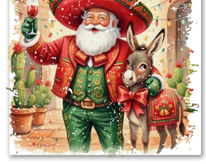 Southwestern Christmas Decor, Sombrero Santa Art Print, Mexican Holiday Wall Canvas, Cute Donkey Festive Painting, Unique Xmas Gift Under 50