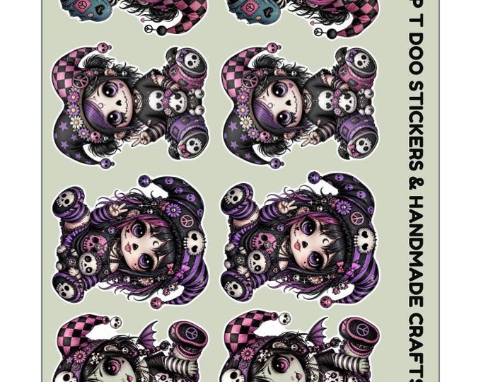 Halloween Goth Joker Girl sticker sheets , high quality vinyl, 2 options - 2”  or  3”, decorate for Halloween using yeti, cups, laptop
