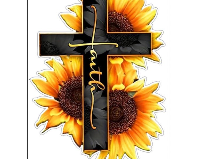 Sunflower cross, high quality UV vinyl stickers/ vibrant, luminous faith decal applied to car window/religious sticker sizing 3-6 inches