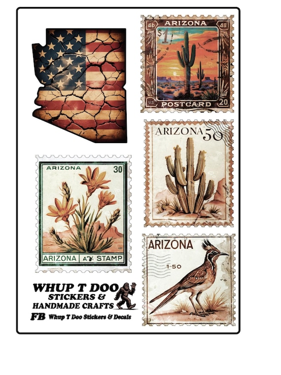 Arizona Stamp Stickers: Desert Landscape, Roadrunner, Cactus, Flag Map Vinyl Decals